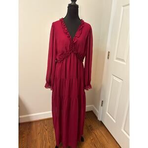 Long Sleeve Tiered Maxi Dress in Wine Red